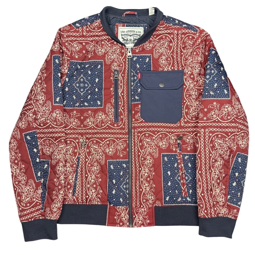 Levi's Bandana Patchwork Quilted Bomber Jacket Burgundy Navy Lightweight S NWT